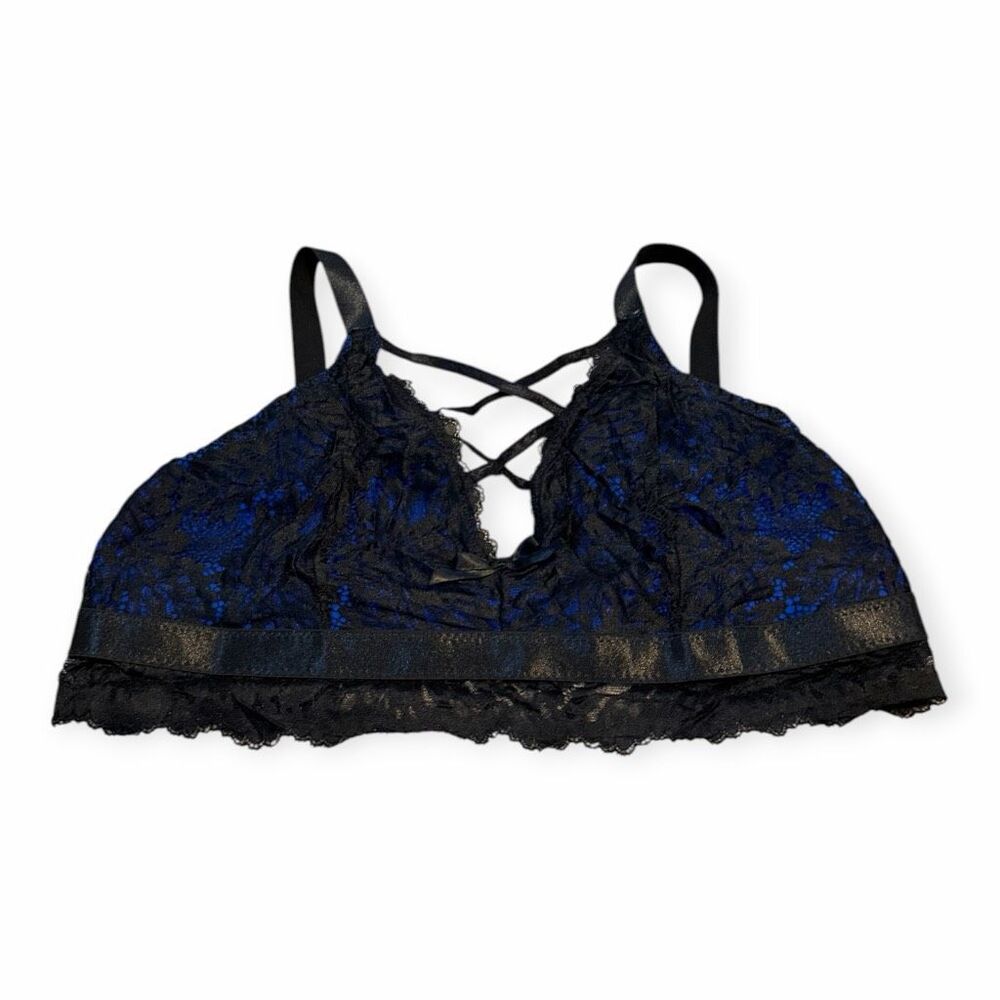 EVELUST Lace Bralette Blue Black Floral Lace Strappy Back Bralette Size XL